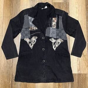 Vtg Mushroom Patch Art Black Denim Blazer Jacket Sz 12 Long Cotton Hippie Boho